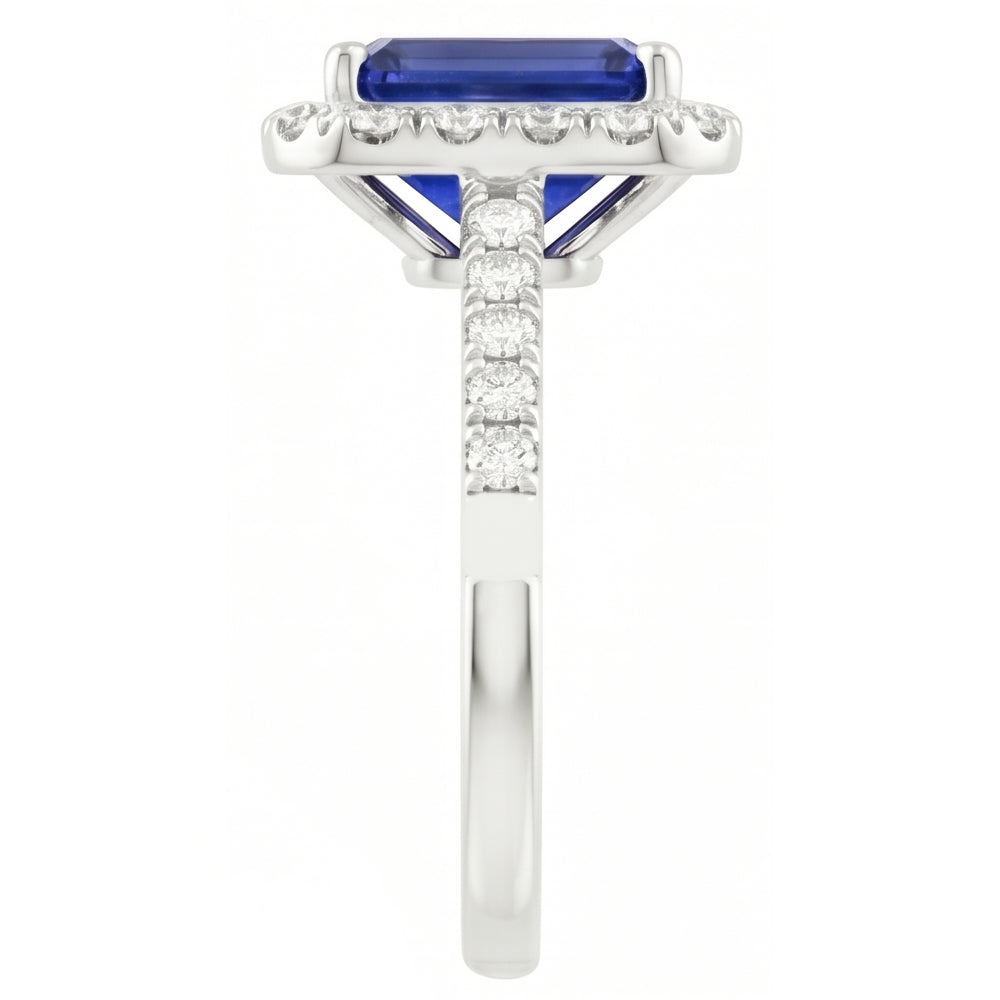 Emerald Cut Blue Sapphire Halo Ring with Natural Earth Mined Diamond ( Not Lab Grown ) 4.25 Carats