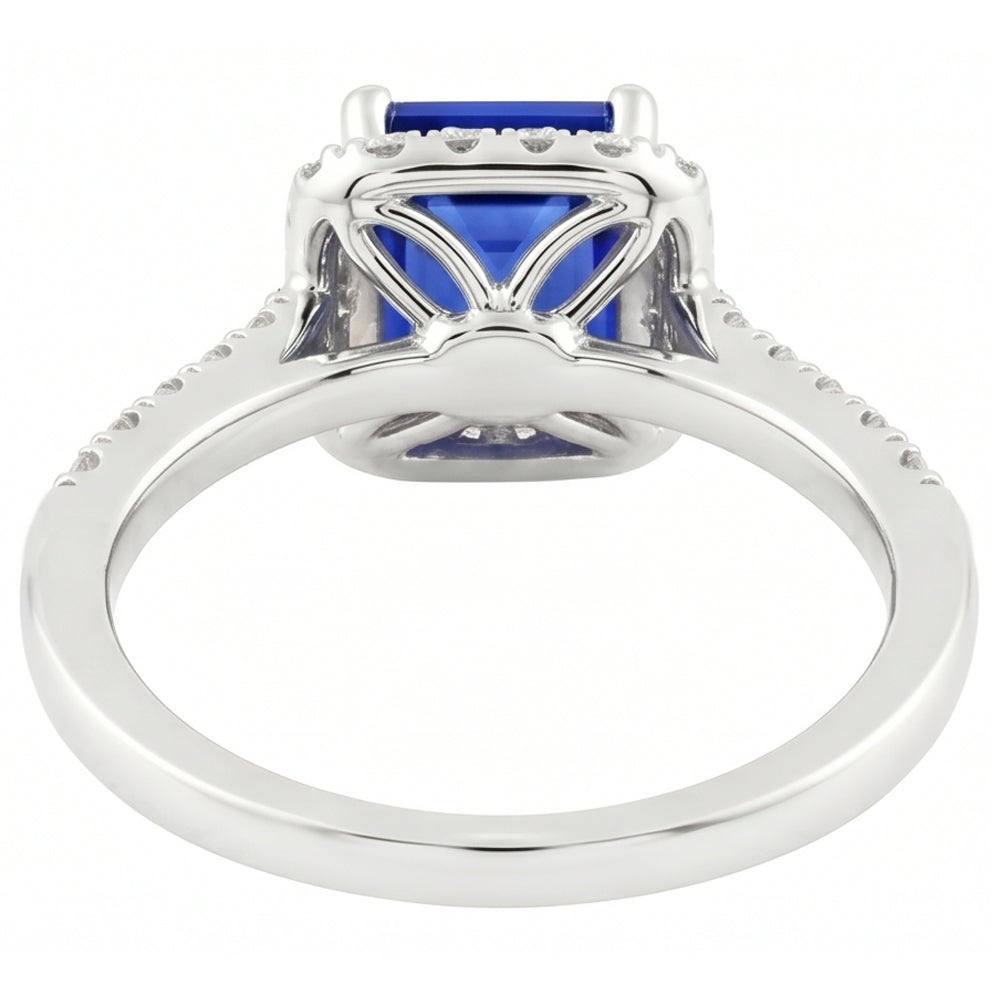 Emerald Cut Blue Sapphire Halo Ring with Natural Earth Mined Diamond ( Not Lab Grown ) 4.25 Carats