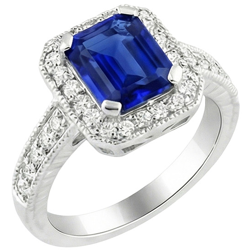 Emerald Cut Blue Sapphire Natural Earth Mined Diamond ( Not Lab Grown )  Engagement Ring 2.20 Carats Gold 14K