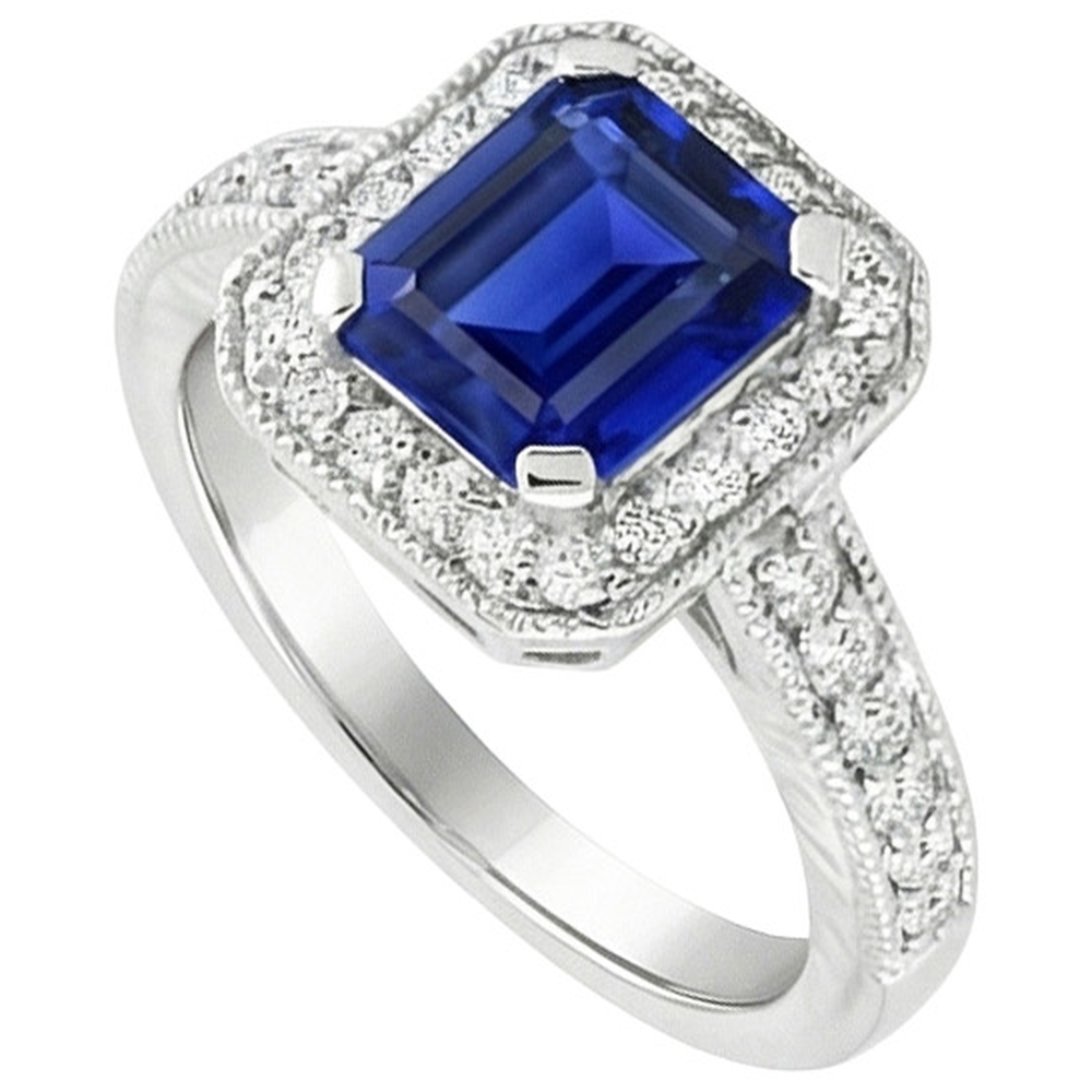 Emerald Cut Blue Sapphire Natural Earth Mined Diamond ( Not Lab Grown )  Engagement Ring 2.20 Carats Gold 14K