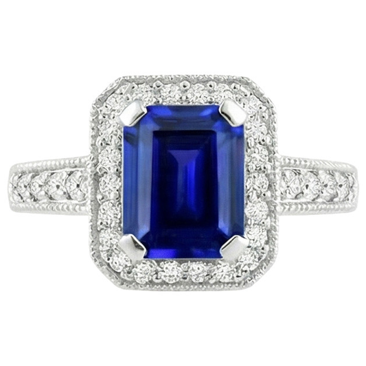 Emerald Cut Blue Sapphire Natural Earth Mined Diamond ( Not Lab Grown )  Engagement Ring 2.20 Carats Gold 14K