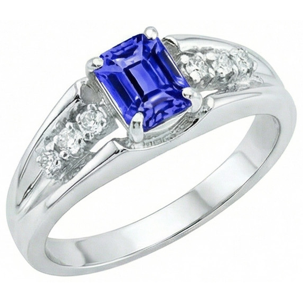 Emerald Cut Ceylon Sapphire With Round Natural Earth Mined Diamond ( Not Lab Grown ) s 1.30 Ct Ring