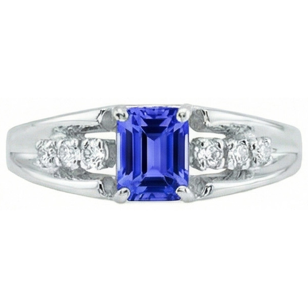 Emerald Cut Ceylon Sapphire With Round Natural Earth Mined Diamond ( Not Lab Grown ) s 1.30 Ct Ring