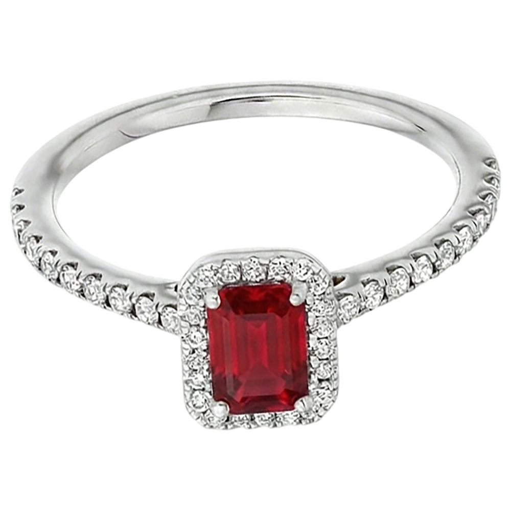 Emerald Cut Ruby Round Natural Earth Mined Diamond ( Not Lab Grown ) s Ring 2.30 Carats 14K White Gold