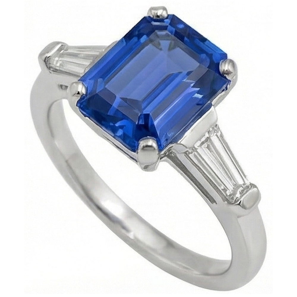 Emerald Cut Sapphire Gem Ring With Baguette Natural Earth Mined Diamond ( Not Lab Grown )s
