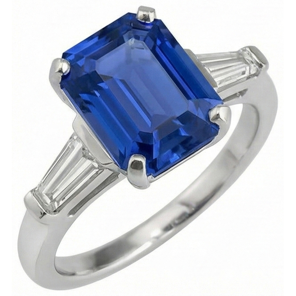 Emerald Cut Sapphire Gem Ring With Baguette Natural Earth Mined Diamond ( Not Lab Grown )s