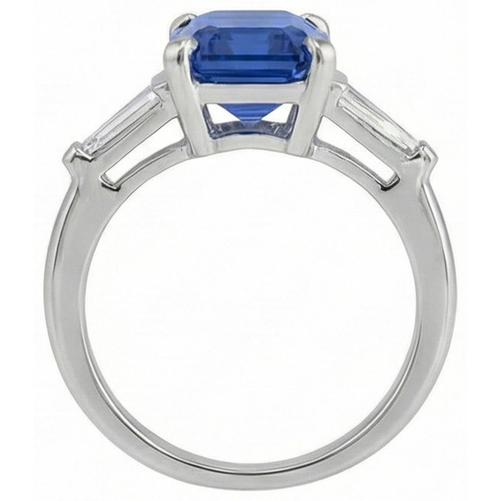 Emerald Cut Sapphire Gem Ring With Baguette Natural Earth Mined Diamond ( Not Lab Grown )s