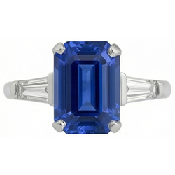 Emerald Cut Sapphire Gem Ring With Baguette Natural Earth Mined Diamond ( Not Lab Grown )s