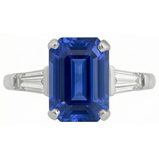 Emerald Cut Sapphire Gem Ring With Baguette Natural Earth Mined Diamond ( Not Lab Grown )s