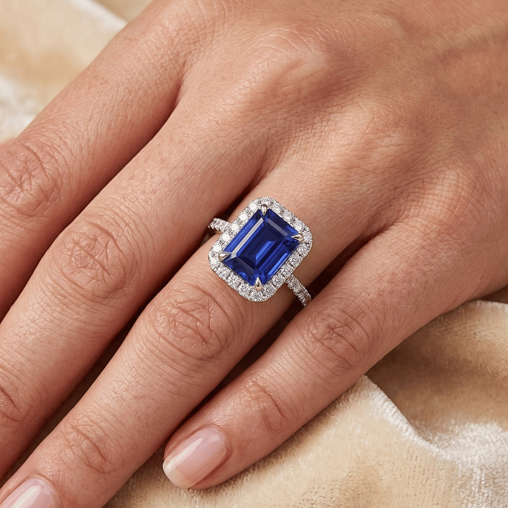 Emerald Cut Sapphire Natural Earth Mined Diamond ( Not Lab Grown ) Engagement Ring
