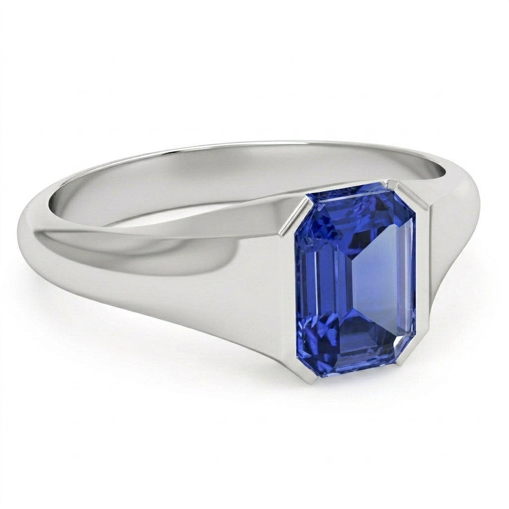 Emerald Cut Solitaire Blue Sapphire Gents Ring White Gold 4 Carats New