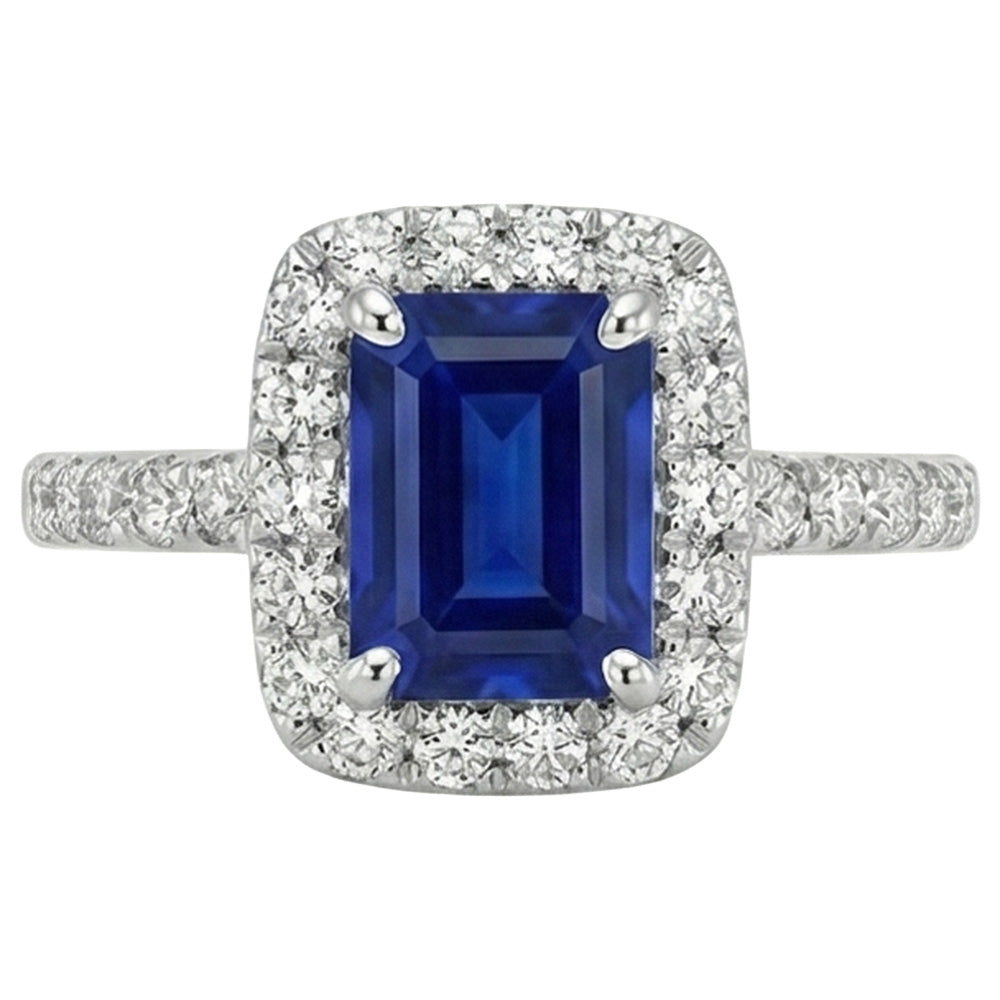 Emerald Cut Sri Lanka Sapphire Natural Earth Mined Diamond ( Not Lab Grown ) s Ring 3 Ct White Gold 14K