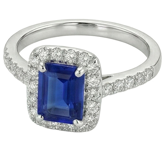 Emerald Cut Sri Lanka Sapphire Natural Earth Mined Diamond ( Not Lab Grown ) s Ring 3 Ct White Gold 14K