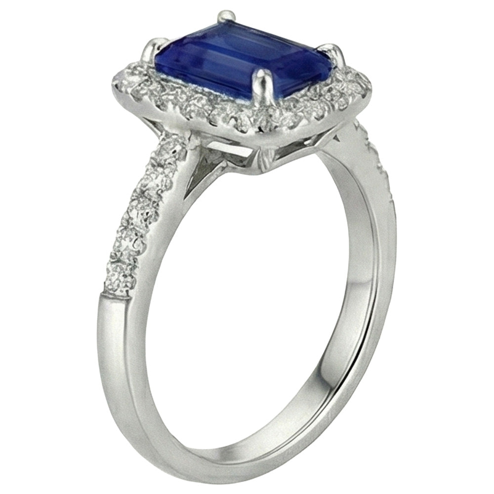 Emerald Cut Sri Lanka Sapphire Natural Earth Mined Diamond ( Not Lab Grown ) s Ring 3 Ct White Gold 14K