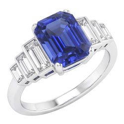 Emerald Gemstone Ring Ceylon Sapphire & Baguette Natural Earth Mined Diamond ( Not Lab Grown )s 2.50 Carats
