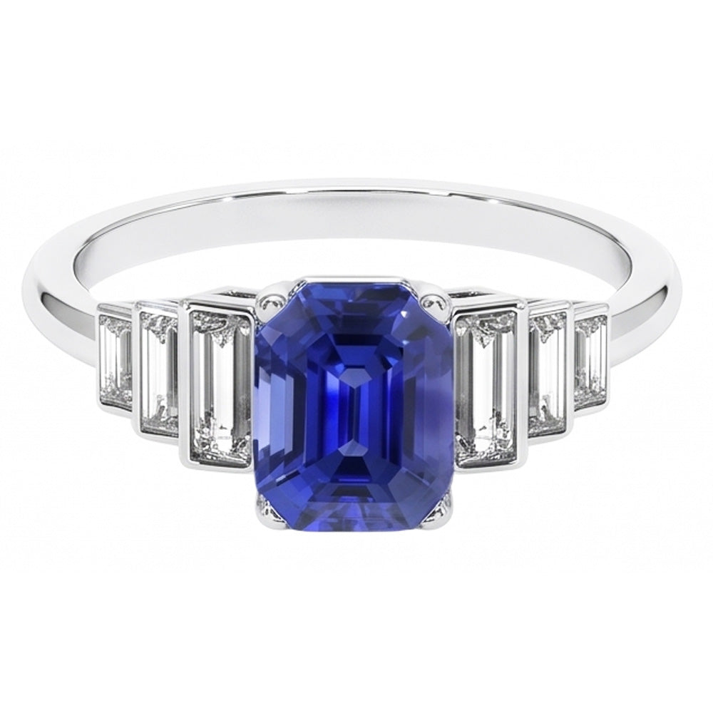 Emerald Gemstone Ring Ceylon Sapphire & Baguette Natural Earth Mined Diamond ( Not Lab Grown )s 2.50 Carats