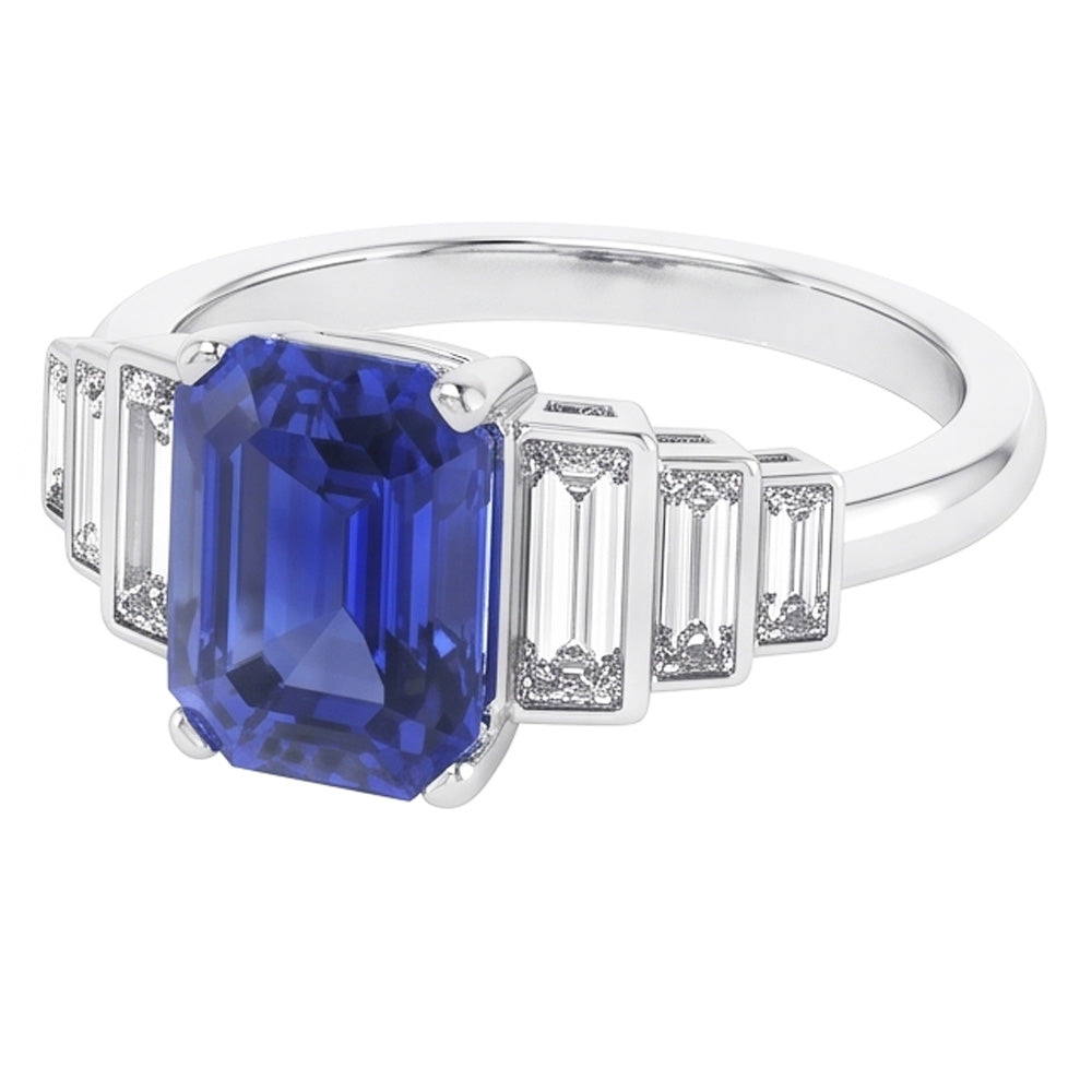 Emerald Gemstone Ring Ceylon Sapphire & Baguette Natural Earth Mined Diamond ( Not Lab Grown )s 2.50 Carats