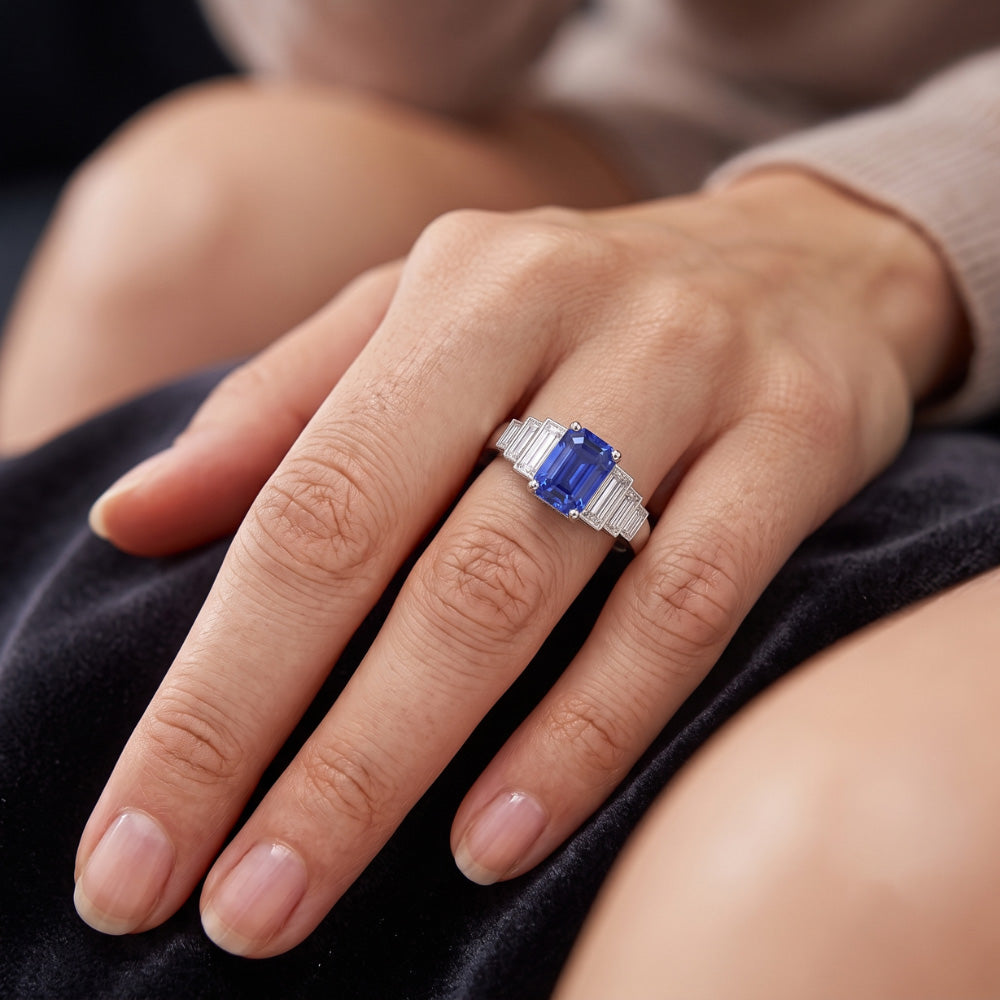 Emerald Gemstone Ring Ceylon Sapphire & Baguette Natural Earth Mined Diamond ( Not Lab Grown )s 2.50 Carats
