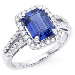 Emerald Halo Engagement Ring Blue Sapphire 4 Carats Double Shank