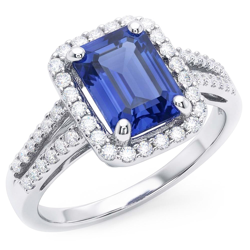 Emerald Halo Engagement Ring Blue Sapphire 4 Carats Double Shank
