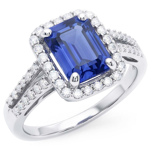 Emerald Halo Engagement Ring Blue Sapphire 4 Carats Double Shank