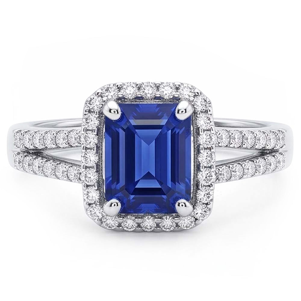 Emerald Halo Engagement Ring Blue Sapphire 4 Carats Double Shank