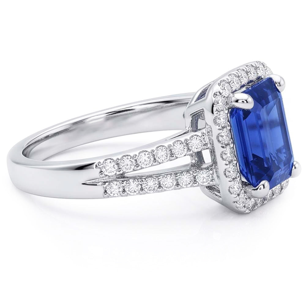 Emerald Halo Engagement Ring Blue Sapphire 4 Carats Double Shank