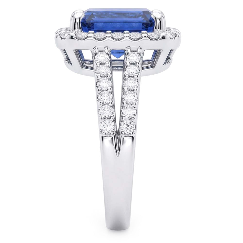 Emerald Halo Engagement Ring Blue Sapphire 4 Carats Double Shank