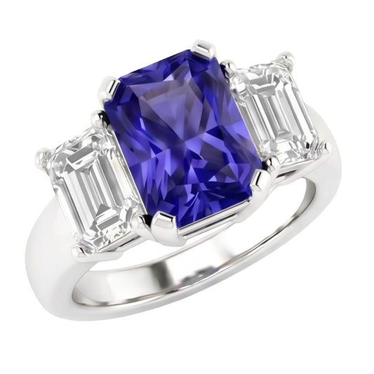 Emerald Natural Earth Mined Diamond ( Not Lab Grown ) 3 Stone Ring 2 Carats Blue Sapphire Radiant Cut Gold