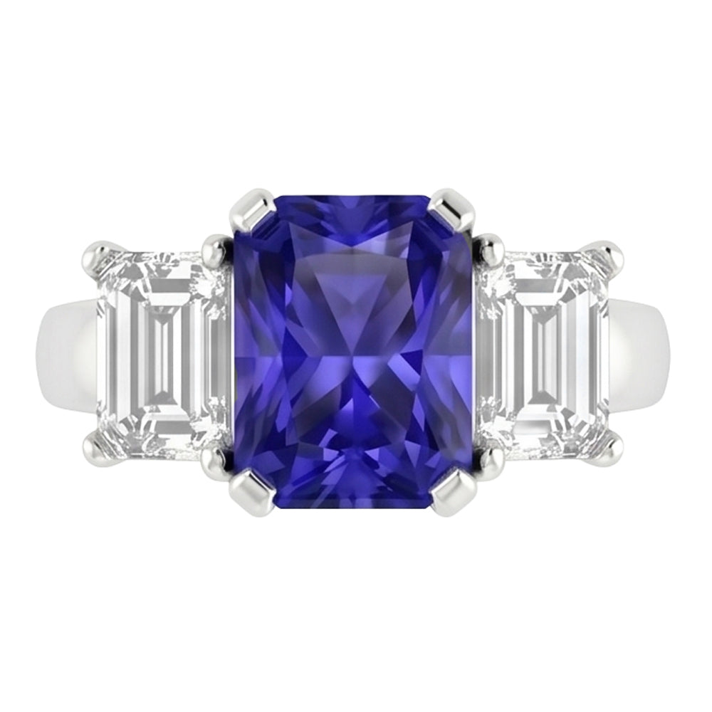 Emerald Natural Earth Mined Diamond ( Not Lab Grown ) 3 Stone Ring 2 Carats Blue Sapphire Radiant Cut Gold