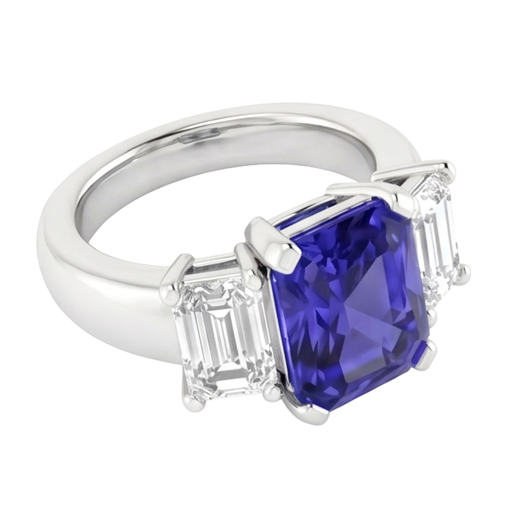 Emerald Natural Earth Mined Diamond ( Not Lab Grown ) 3 Stone Ring 2 Carats Blue Sapphire Radiant Cut Gold