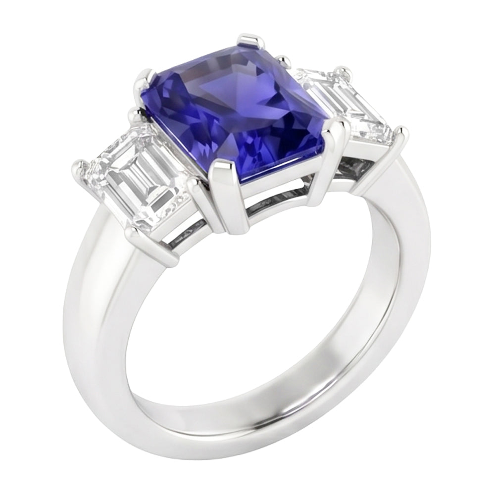 Emerald Natural Earth Mined Diamond ( Not Lab Grown ) 3 Stone Ring 2 Carats Blue Sapphire Radiant Cut Gold