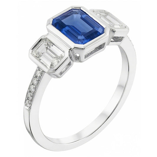 Emerald Natural Earth Mined Diamond ( Not Lab Grown ) Bezel Set Blue Sapphire Ring 3 Stone Style 2.50 Carats