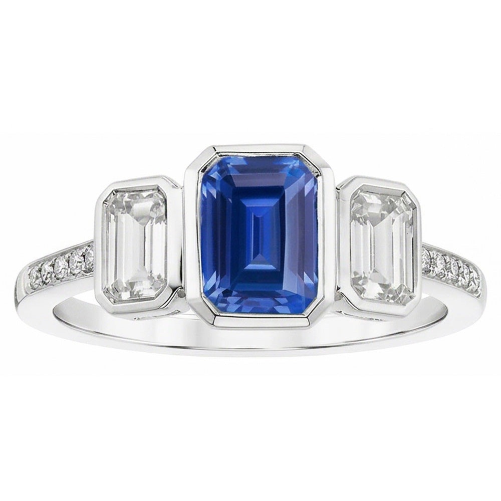 Emerald Natural Earth Mined Diamond ( Not Lab Grown ) Bezel Set Blue Sapphire Ring 3 Stone Style 2.50 Carats