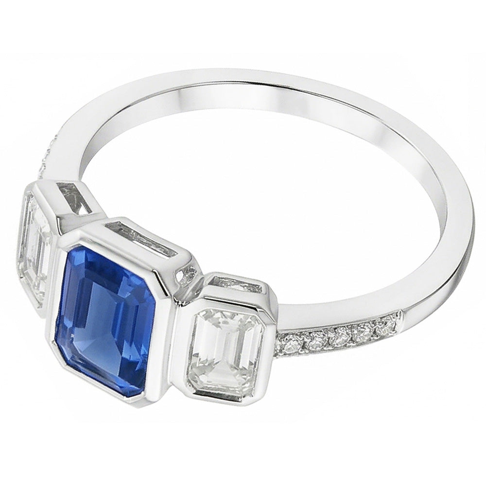 Emerald Natural Earth Mined Diamond ( Not Lab Grown ) Bezel Set Blue Sapphire Ring 3 Stone Style 2.50 Carats