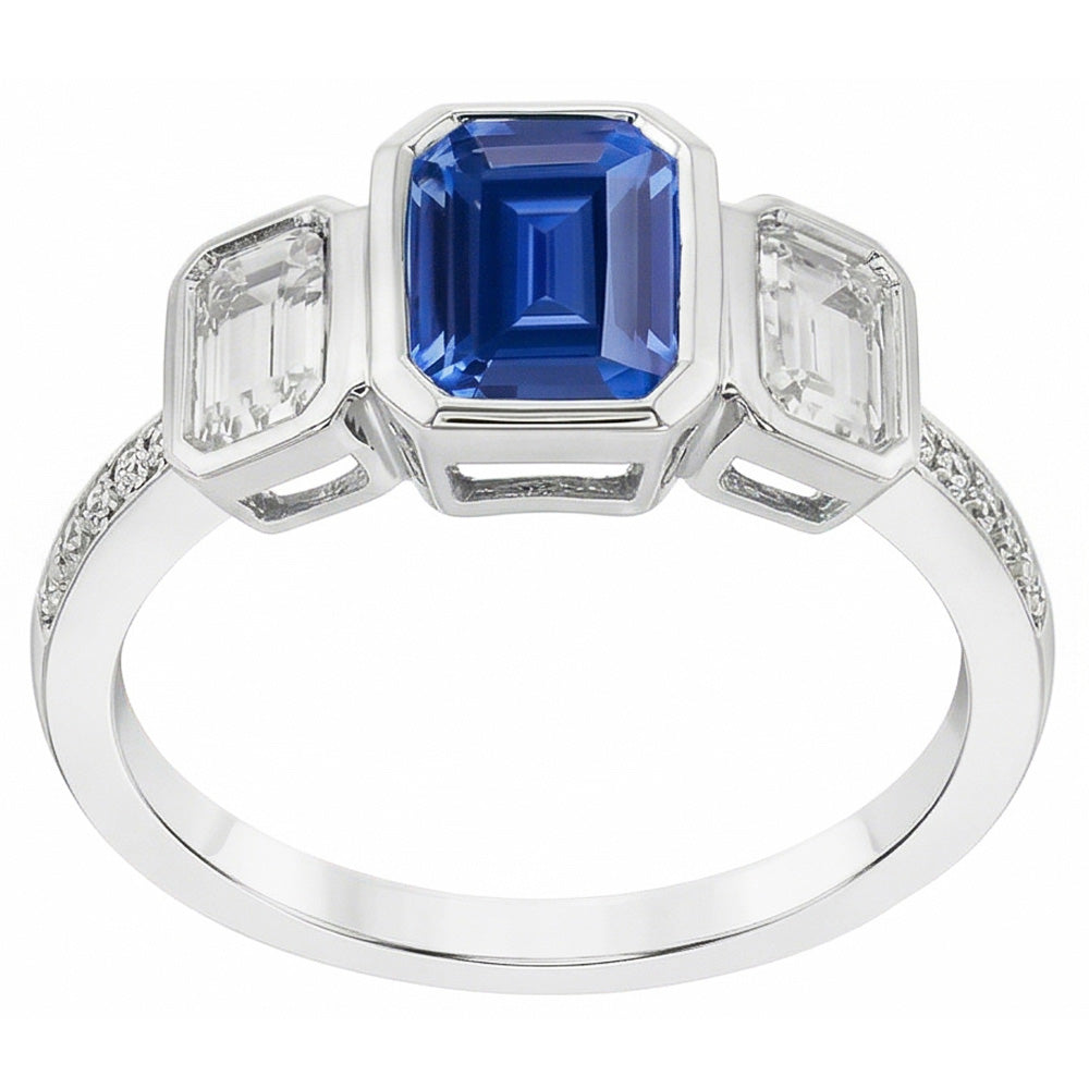Emerald Natural Earth Mined Diamond ( Not Lab Grown ) Bezel Set Blue Sapphire Ring 3 Stone Style 2.50 Carats