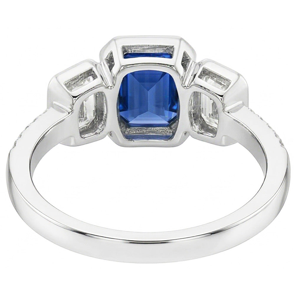 Emerald Natural Earth Mined Diamond ( Not Lab Grown ) Bezel Set Blue Sapphire Ring 3 Stone Style 2.50 Carats