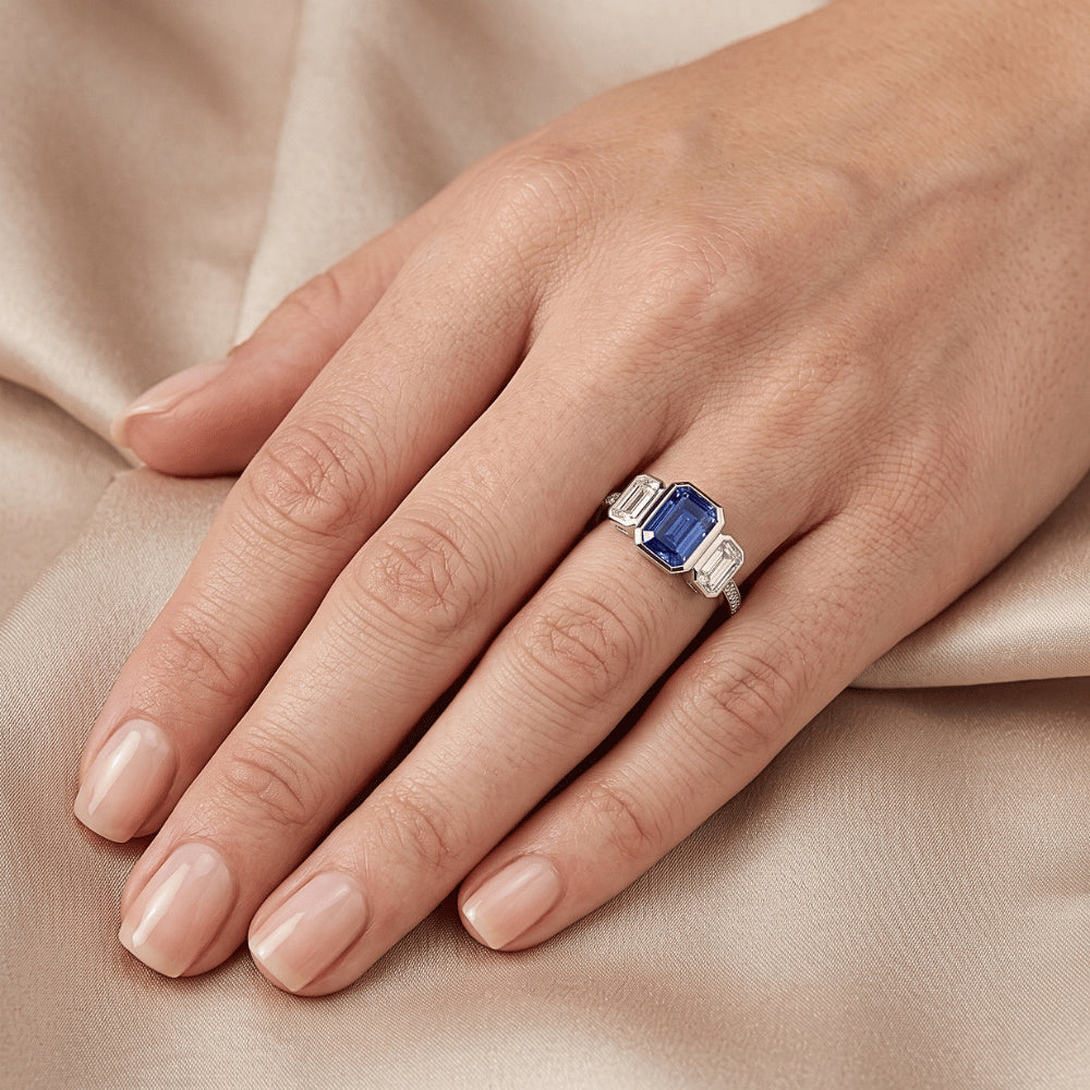 Emerald Natural Earth Mined Diamond ( Not Lab Grown ) Bezel Set Blue Sapphire Ring 3 Stone Style 2.50 Carats