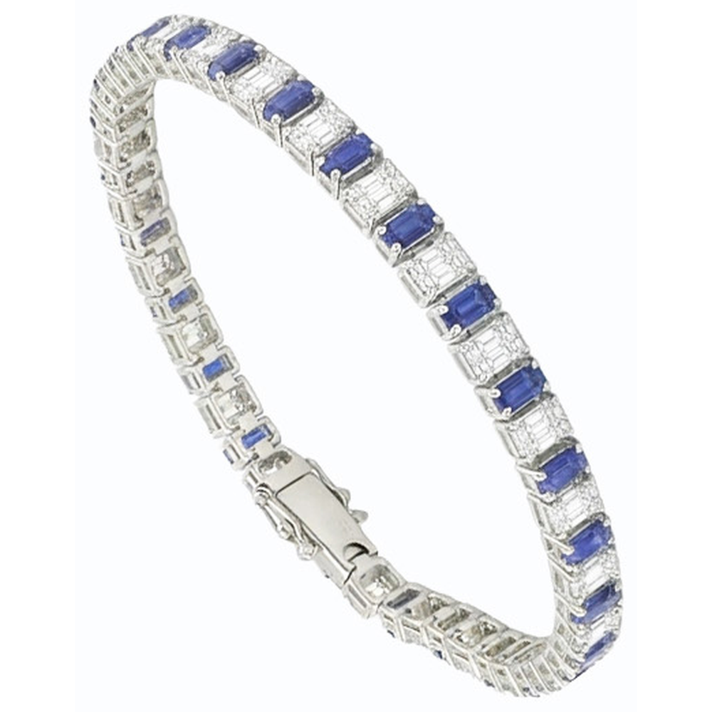 Emerald Natural Earth Mined Diamond ( Not Lab Grown ) Ceylon Sapphire Tennis Bracelet Prong Set