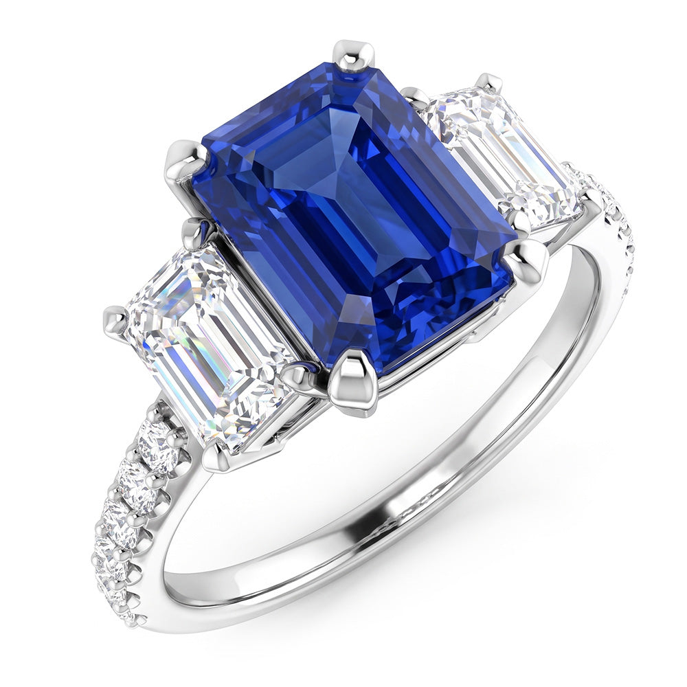 Emerald Natural Earth Mined Diamond ( Not Lab Grown ) Radiant Blue Sapphire Ring 3 Carats White Gold 14K