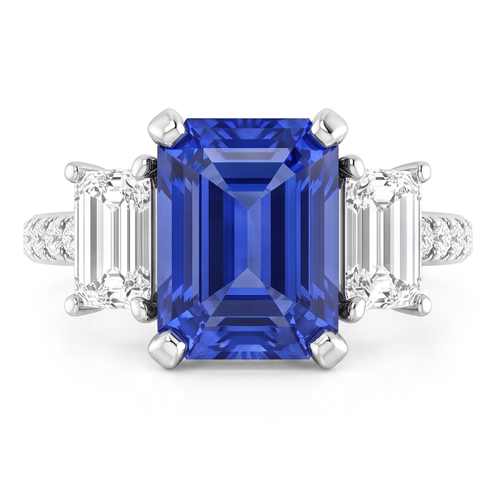 Emerald Natural Earth Mined Diamond ( Not Lab Grown ) Radiant Blue Sapphire Ring 3 Carats White Gold 14K