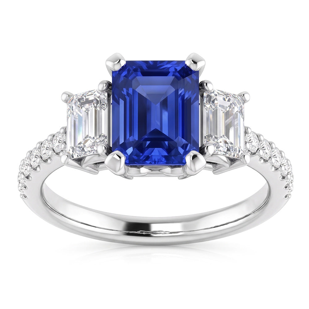 Emerald Natural Earth Mined Diamond ( Not Lab Grown ) Radiant Blue Sapphire Ring 3 Carats White Gold 14K