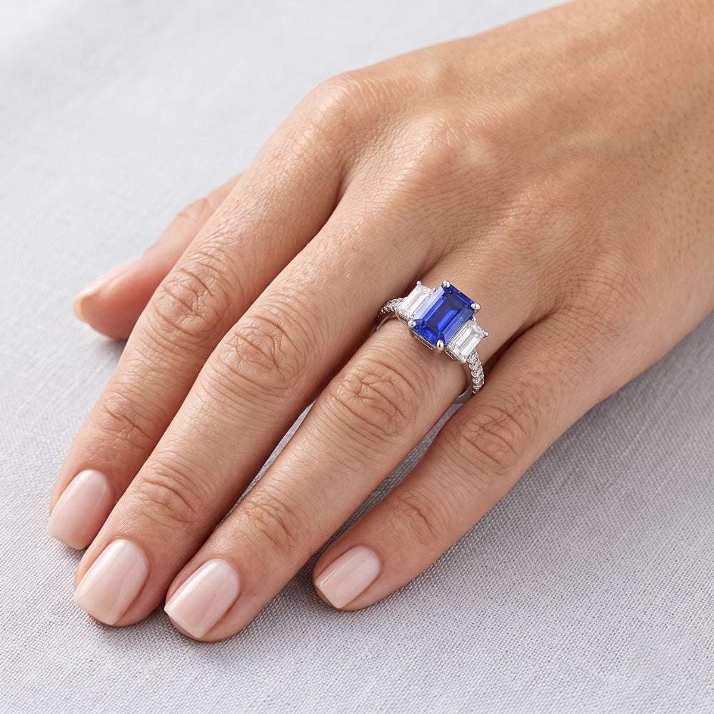 Emerald Natural Earth Mined Diamond ( Not Lab Grown ) Radiant Blue Sapphire Ring 3 Carats White Gold 14K
