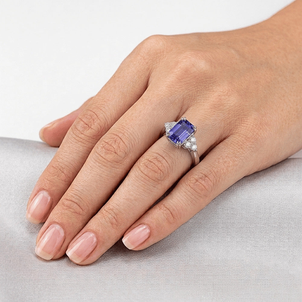Emerald Natural Earth Mined Diamond ( Not Lab Grown ) Ring Deep Blue Sapphire 3 Carats 14K Gold