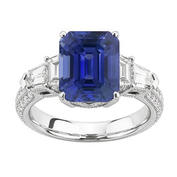 Emerald Natural Earth Mined Diamond ( Not Lab Grown ) Ring Vintage Style Sapphire Baguette Sides 3.50 Carats