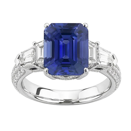 Emerald Natural Earth Mined Diamond ( Not Lab Grown ) Ring Vintage Style Sapphire Baguette Sides 3.50 Carats