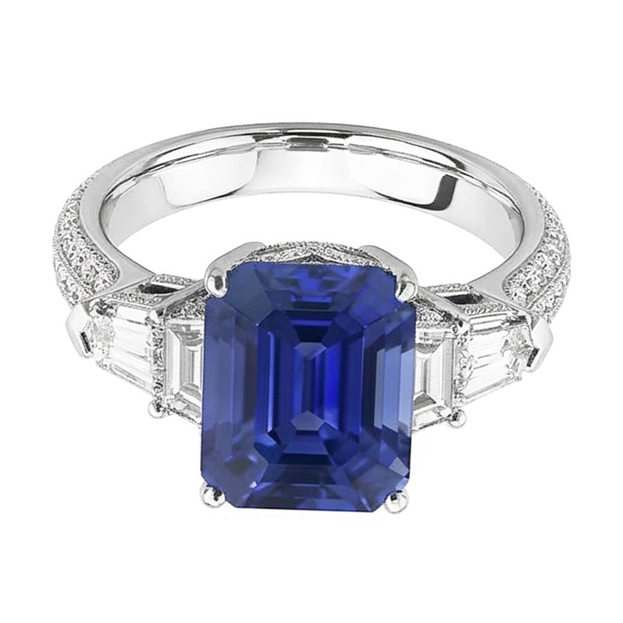 Emerald Natural Earth Mined Diamond ( Not Lab Grown ) Ring Vintage Style Sapphire Baguette Sides 3.50 Carats