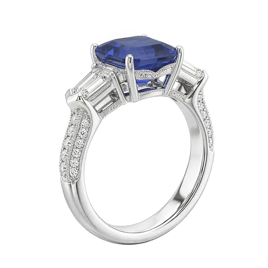 Emerald Natural Earth Mined Diamond ( Not Lab Grown ) Ring Vintage Style Sapphire Baguette Sides 3.50 Carats