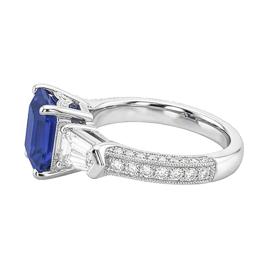 Emerald Natural Earth Mined Diamond ( Not Lab Grown ) Ring Vintage Style Sapphire Baguette Sides 3.50 Carats