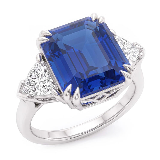 Emerald Sapphire Gemstone Ring 4 Carats Trillion Natural Earth Mined Diamond ( Not Lab Grown )s 3 Stone Gold